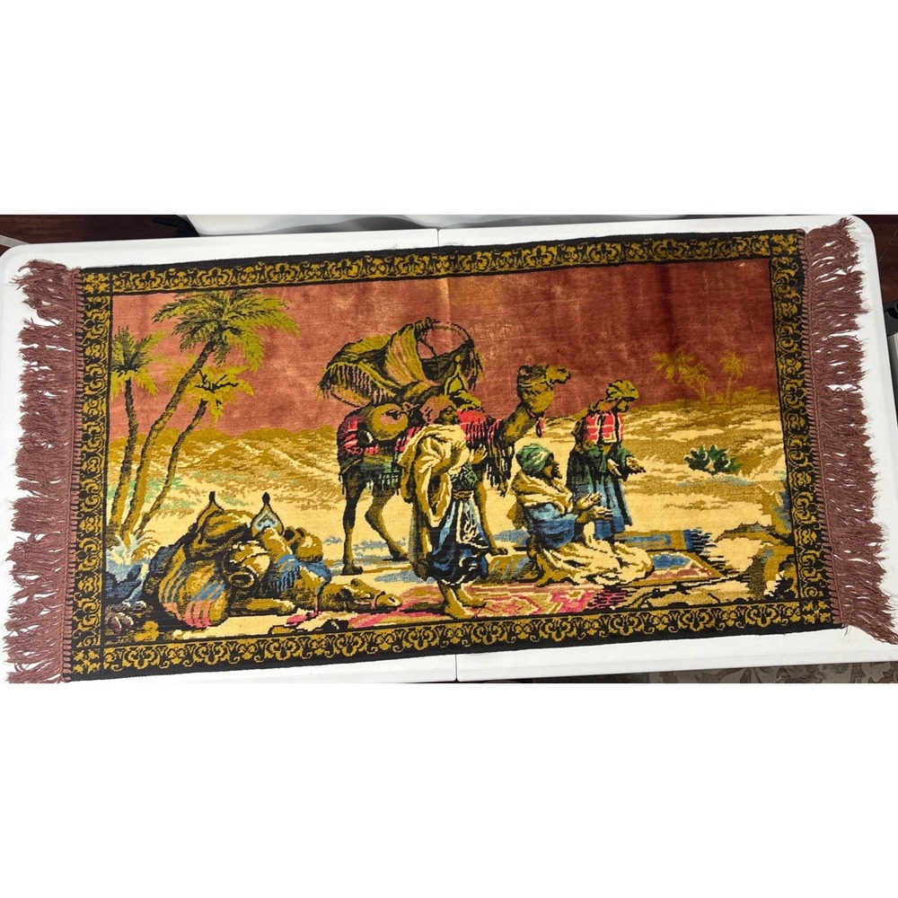Vintage Three Wise Men Velvet Tapestry Camel Nativity Caravan Wall Hanging 21x39